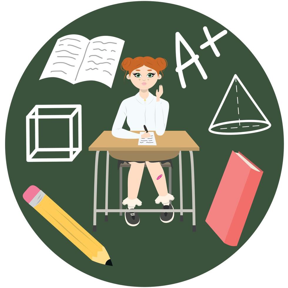 Cute girl with red hair sitting at a school desk near book, pencil, mark. Back to school edition. Flat . Background green circle vector