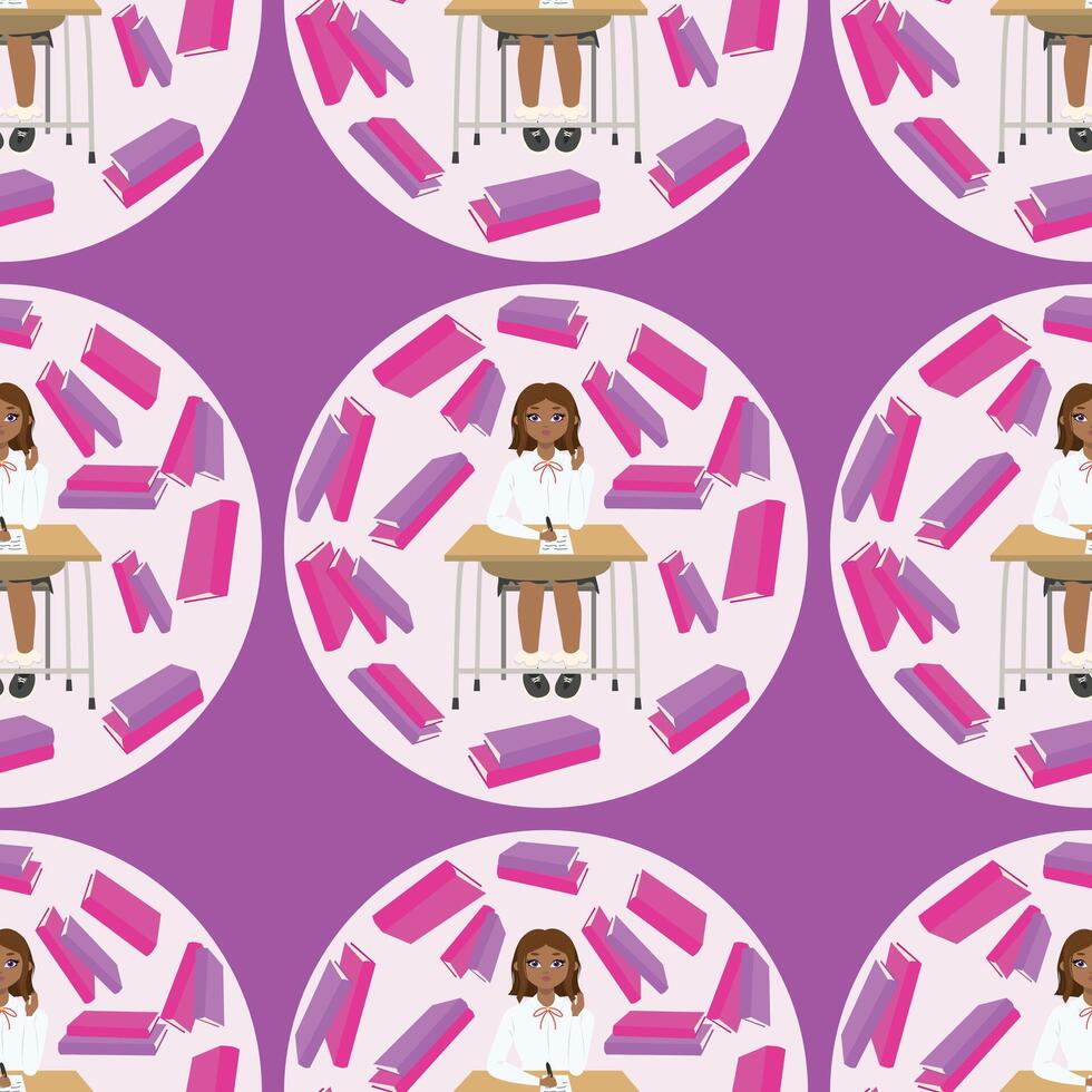 Seamless pattern Cute girl with brown hair sitting at a school desk near books. Back to school edition. Flat . Background pink vector