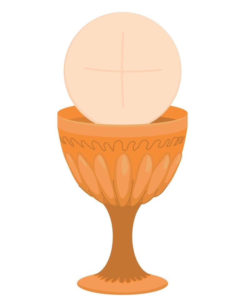 Golden chalice on a white background. First communion icon. The main symbols of Christianity - sacrifice of Jesus Christ. Golden goblet - grail and church bread. vector