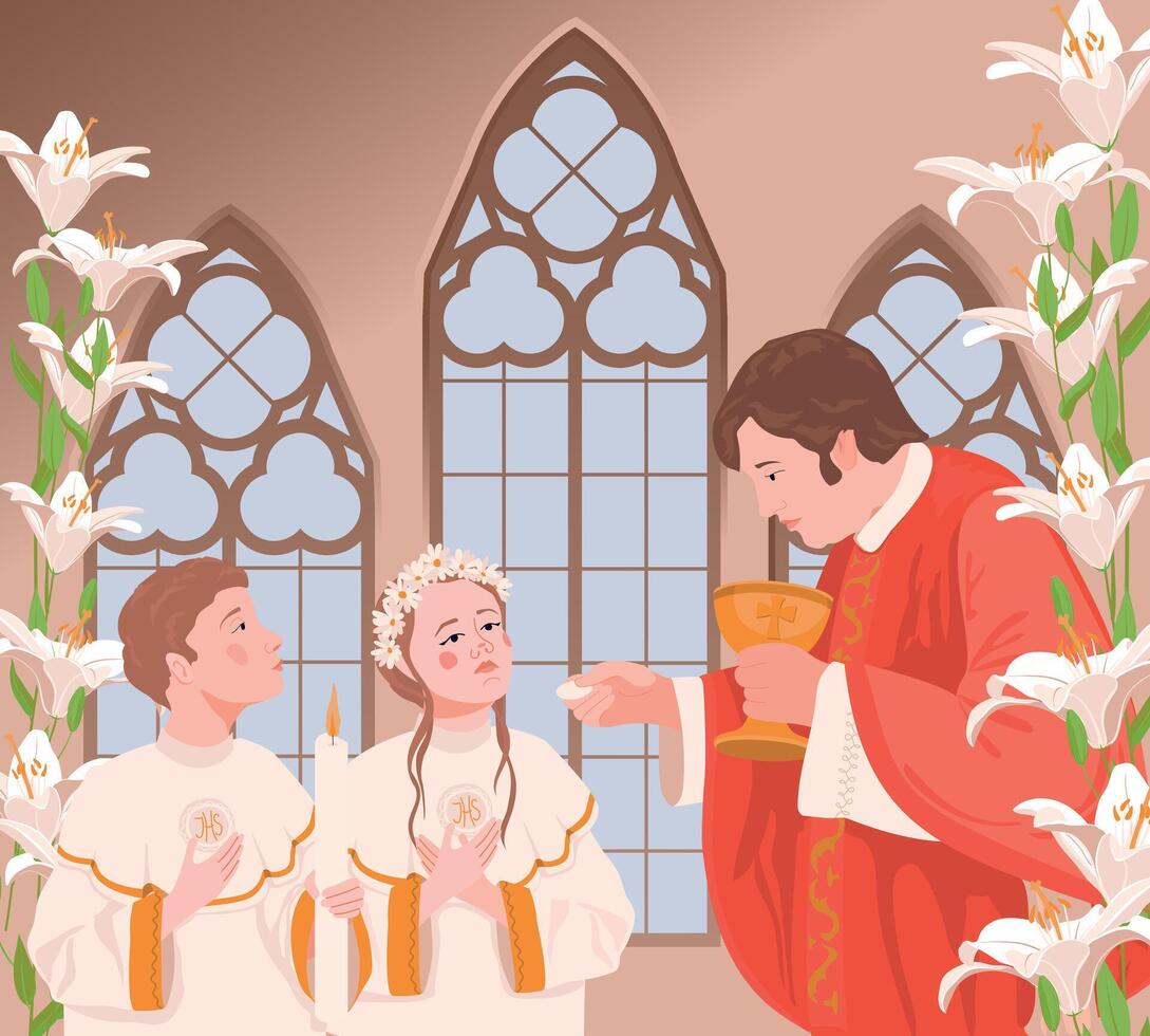 Children in the church during the first communion. The priest is holding bread. A ceremony in the Christian tradition, a member of the church receives the Eucharist. vector