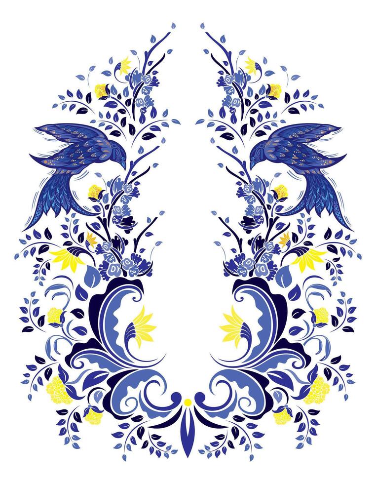 Greeting card. Bloo. Vintage floral illustration. Blue and white with bird and flowers vector