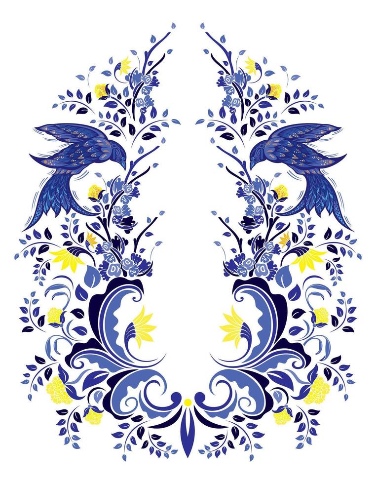 saludo tarjeta. sangre. Clásico floral ilustración. azul y blanco con pájaro y flores vector