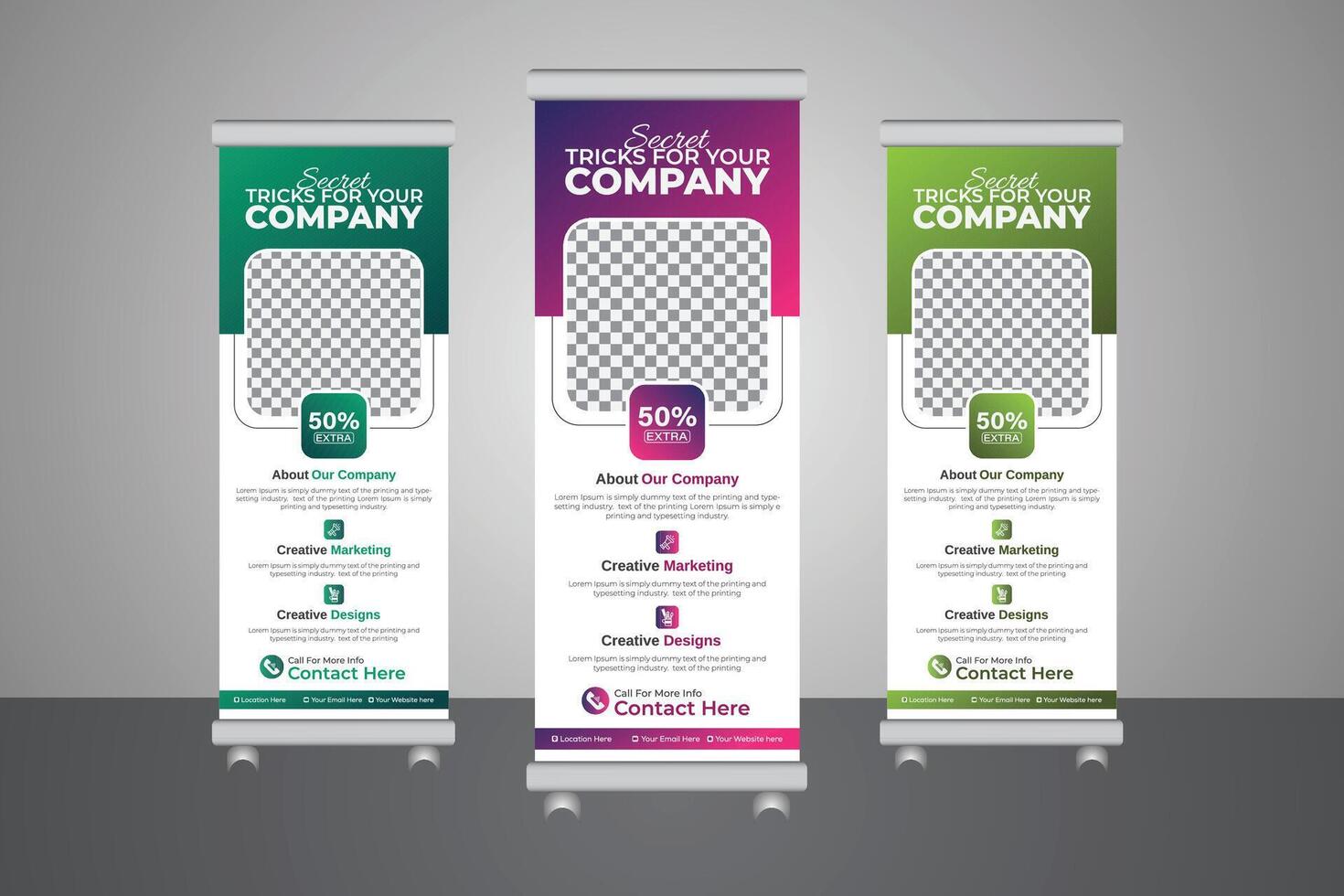 Creative x-banner template for exhibition ads, featuring a square arrangement, a geometric triangle, and a business roll-up banner design vector