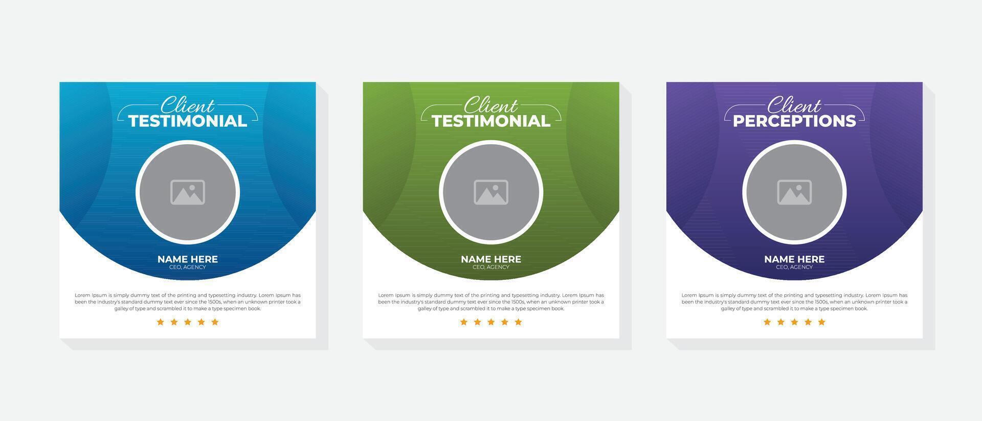 Creative and modern client testimonials social media post banner design template, Square size 3 colorful layout vector