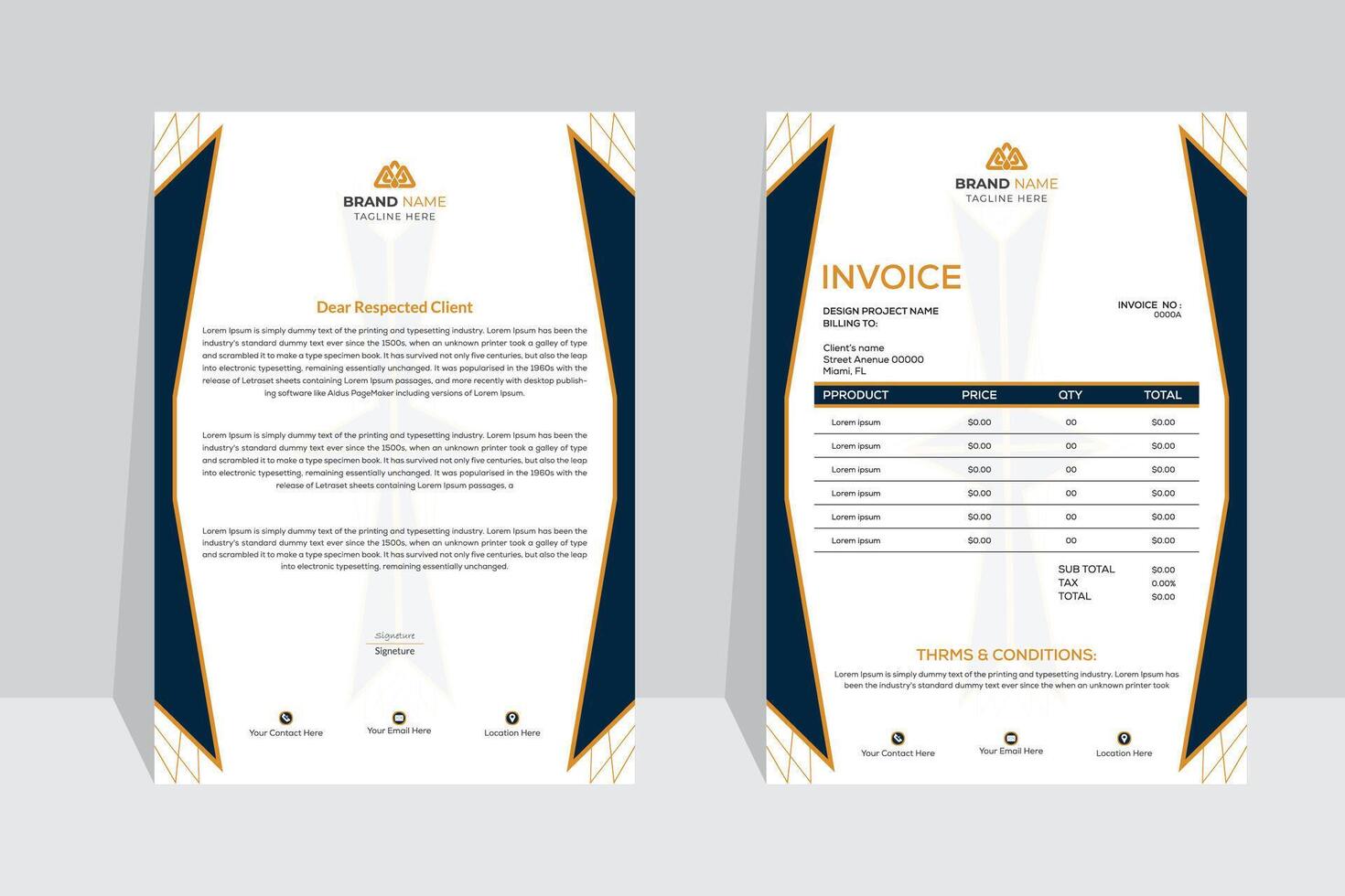 Innovative, modern, unique, tidy, and professional business letterhead and invoice template design with lots of color and concept variations for a corporate company. vector