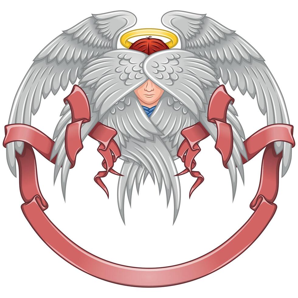 Angel with six wings and surrounded with ribbon vector