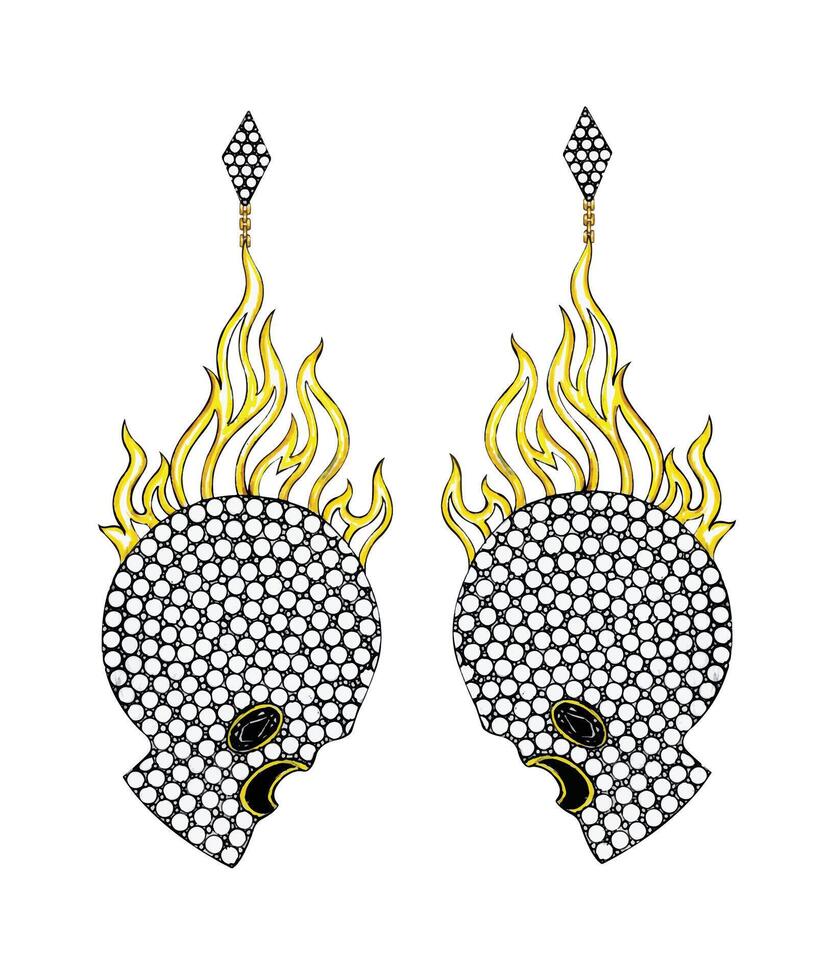 Jewelry design fancy punk rock skull earrings design by hand drawing on paper. vector