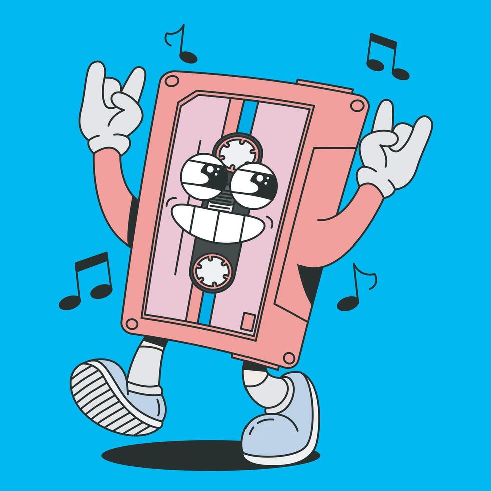 Groovy cartoon happy cassette tape with metal style vector