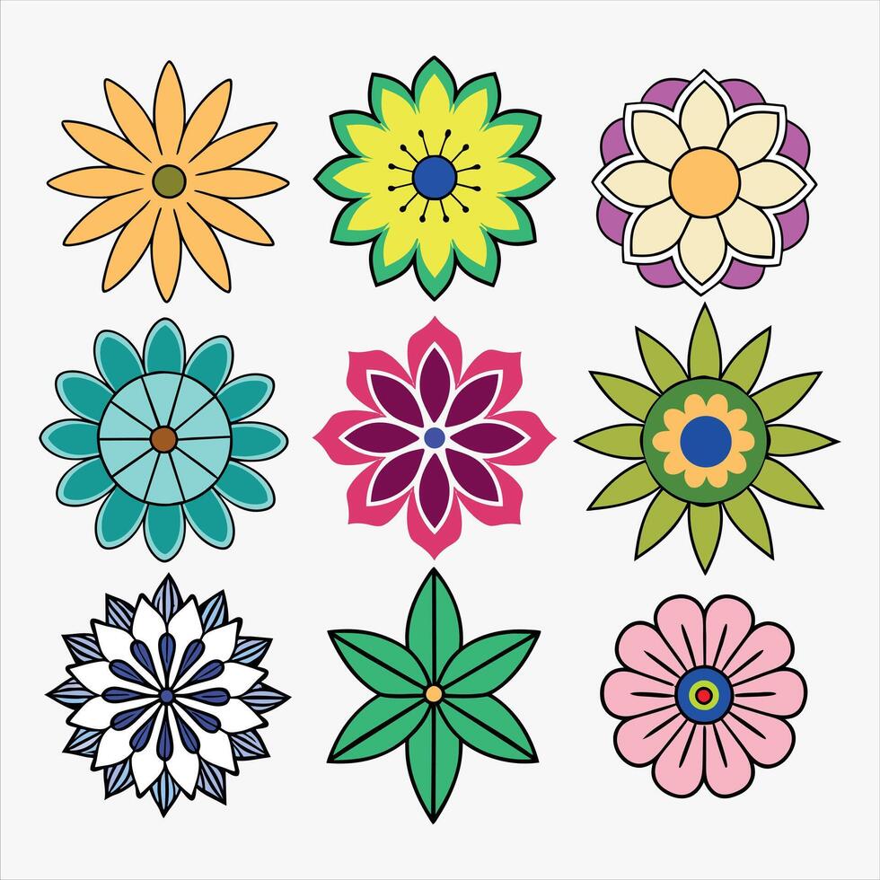 A set of nine different flowers of various shapes and sizes. Each flower has a distinct pattern and color. vector