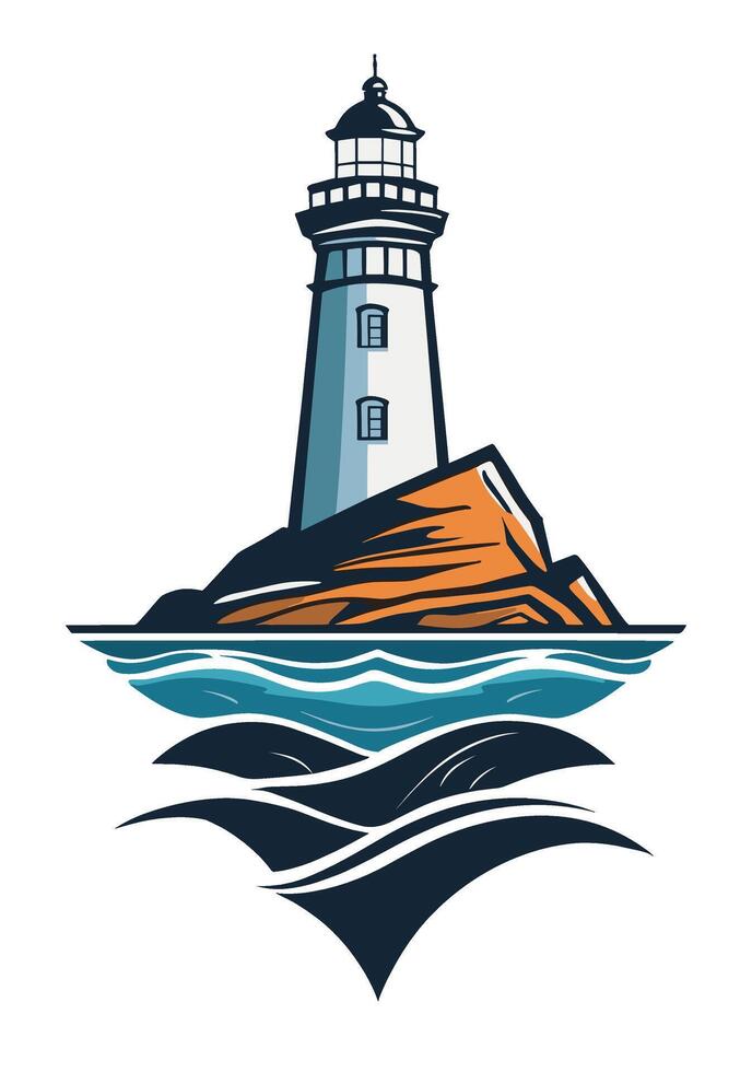 Lighthouse on top of rocks surrounded by ocean waves. A true beam of safety for navigation on the wild waters. vector