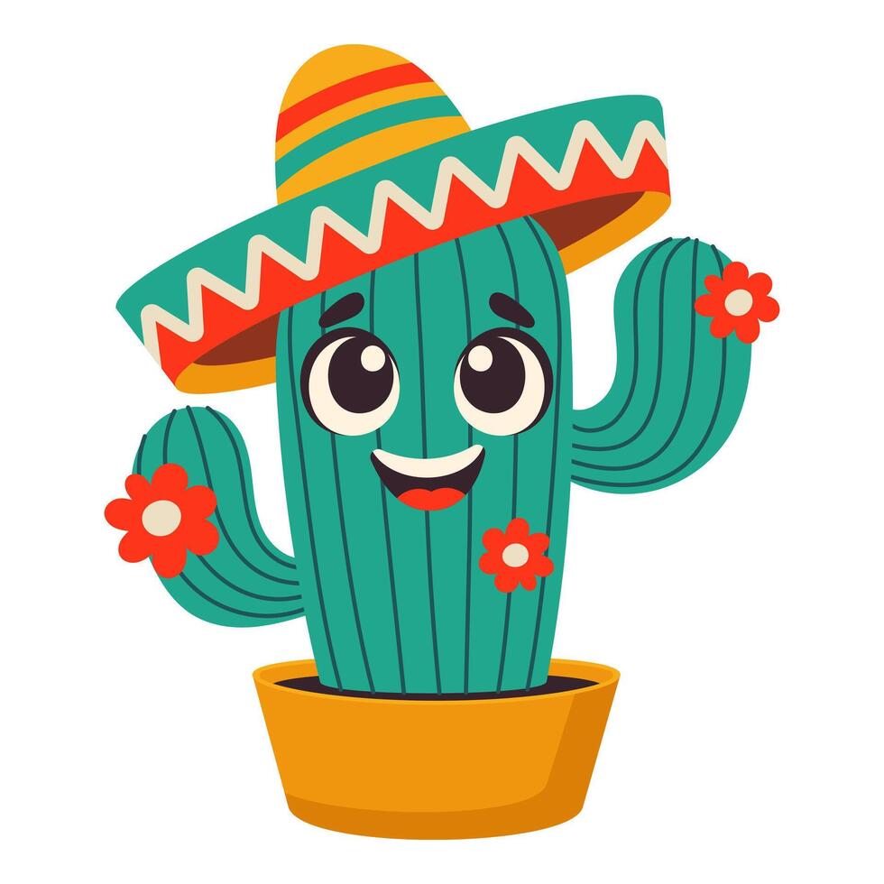 linda cactus en sombrero aislado en blanco vector