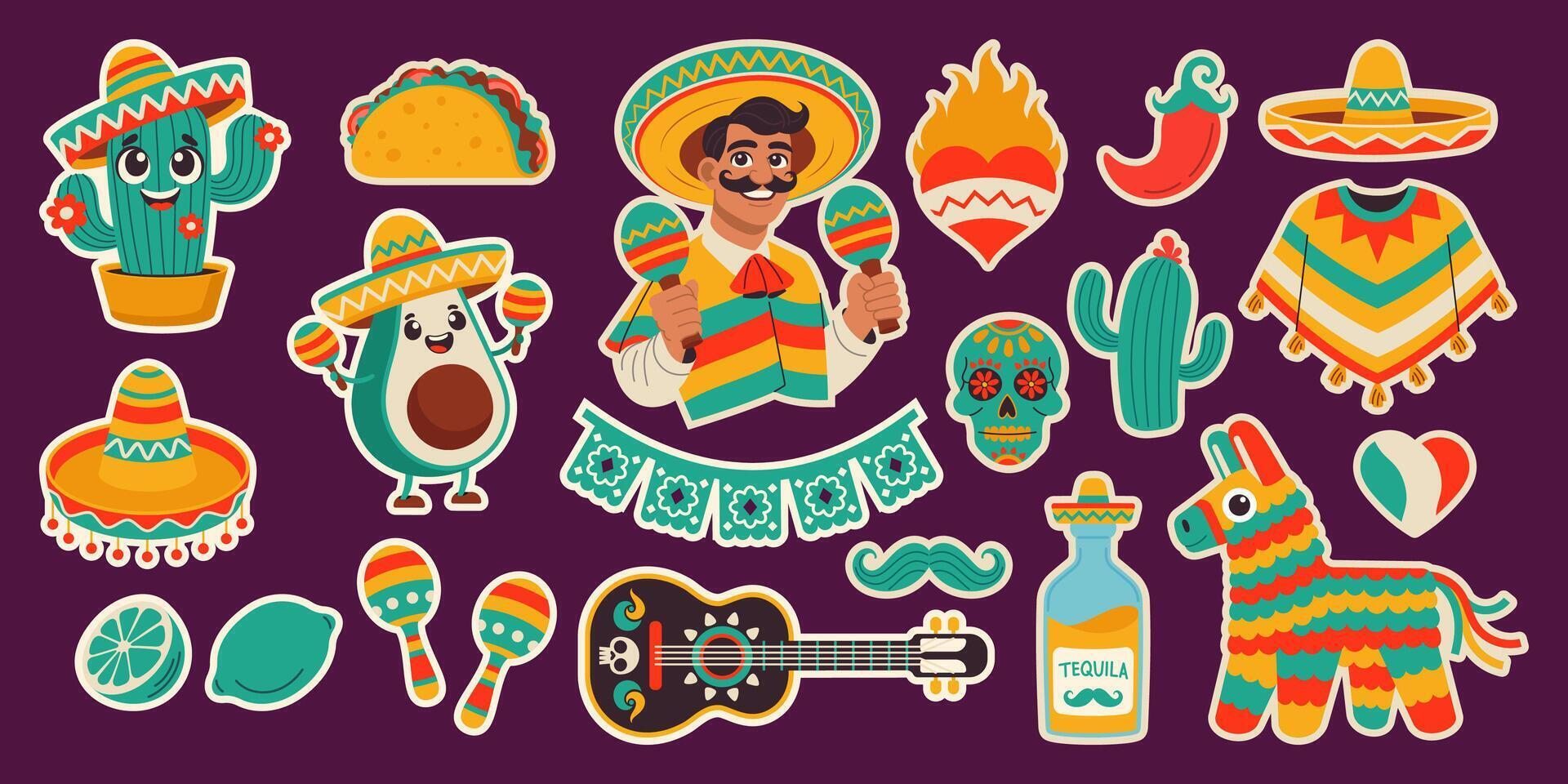 Cinco de Mayo sticker set, May 5, federal holiday in Mexico. Fiesta banner and poster design with flags, decorations vector