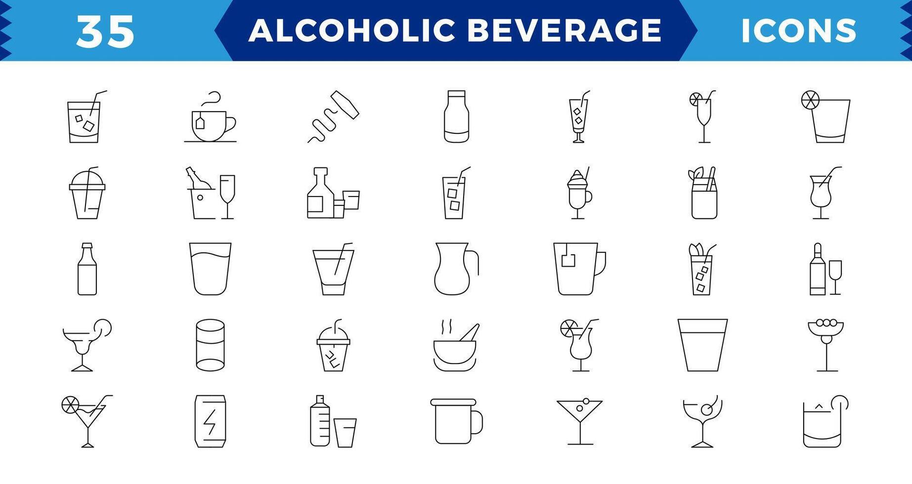 Alcoholic beverages Pixel Perfect icons set. Simple outline cocktails icons isolated on white background. Set includes beer, mojito, whiskey. Icons set for restaurant, pub, bar. vector