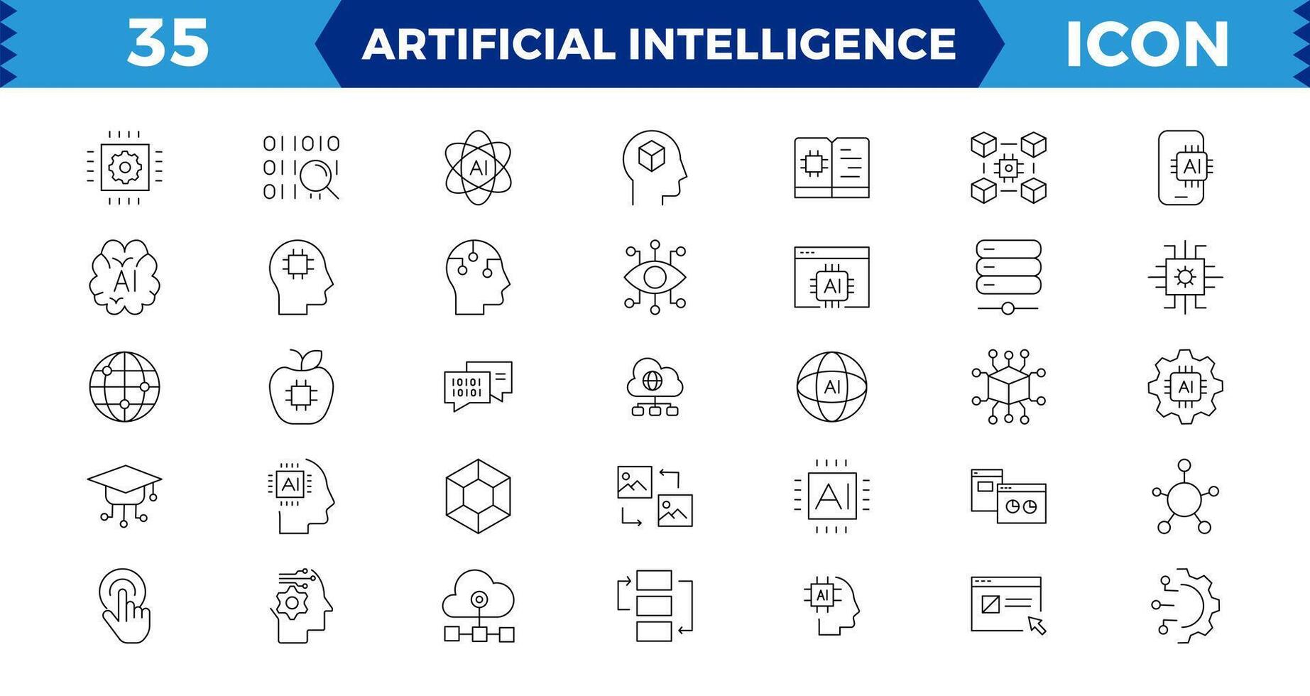 Artificial intelligence Pixel Perfect set of web icons in line style. AI technology icons for web and mobile app. Machine learning, digital AI technology, smart robotic, cloud computing network. vector