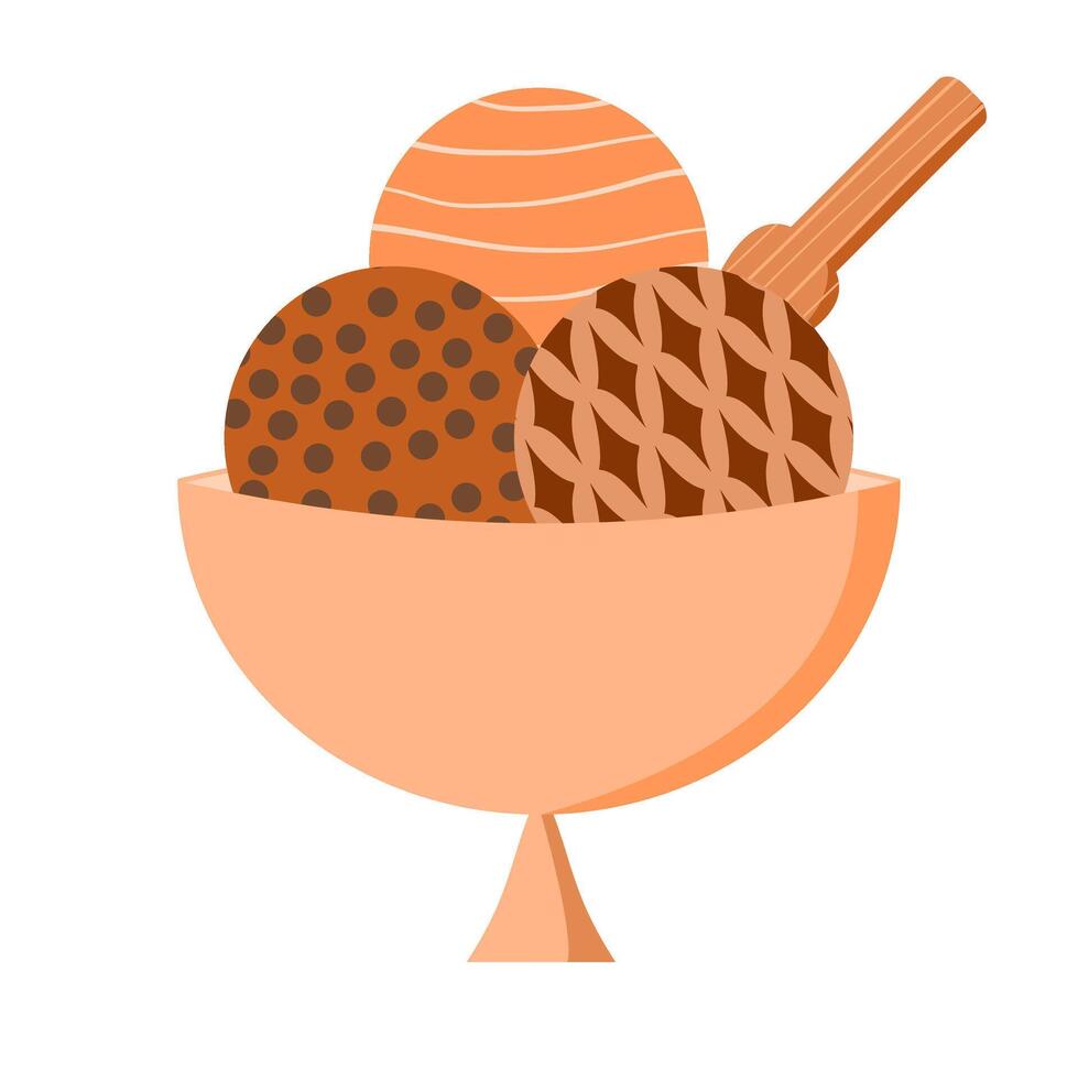 chocolate ice cream with three stacks that have different toppings and are served in ice cream bowl. ice cream illustration element vector
