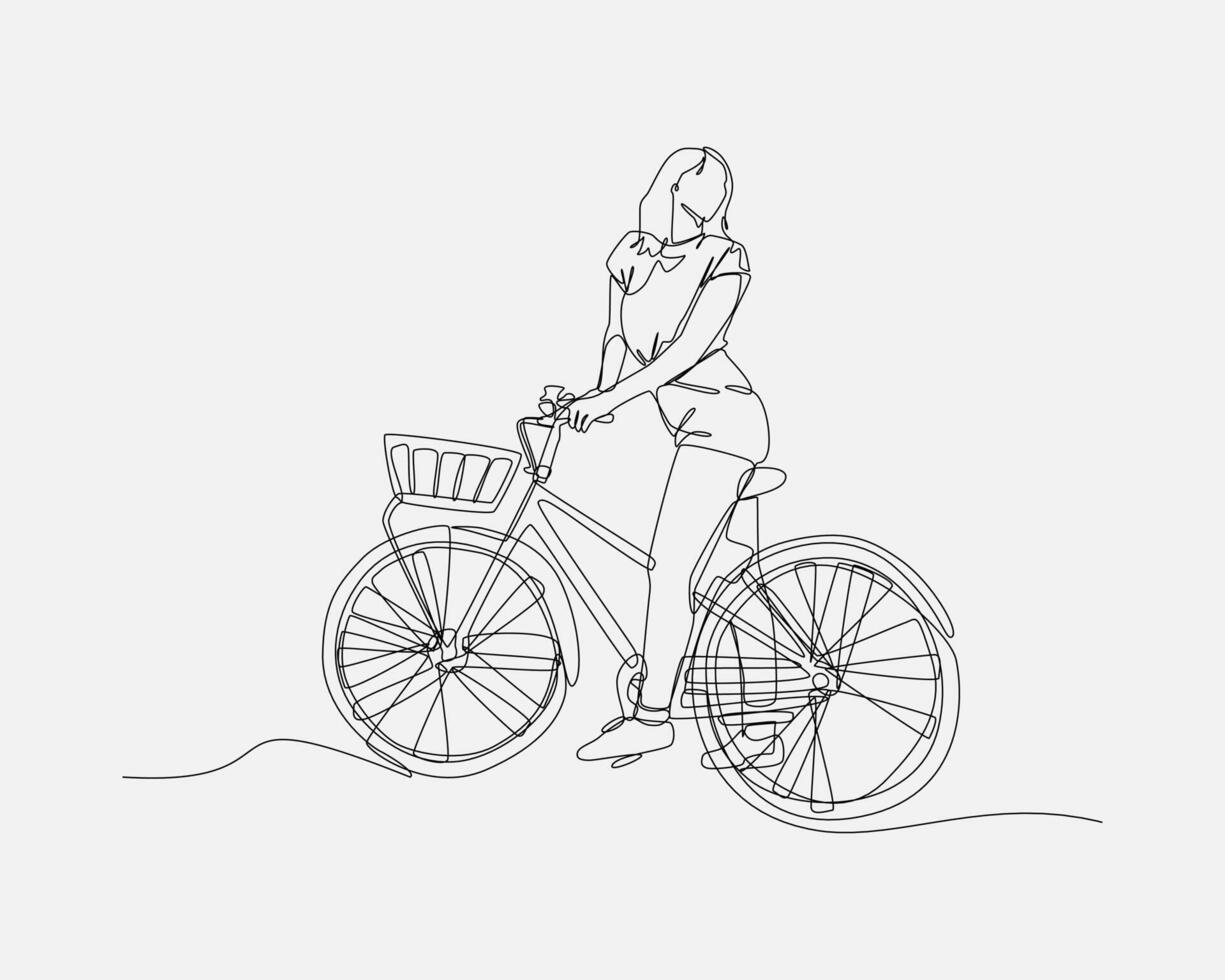 cheerful girl riding a bicycle, looking back with continuous one line drawing style. editable stroke. graphic illustration. vector