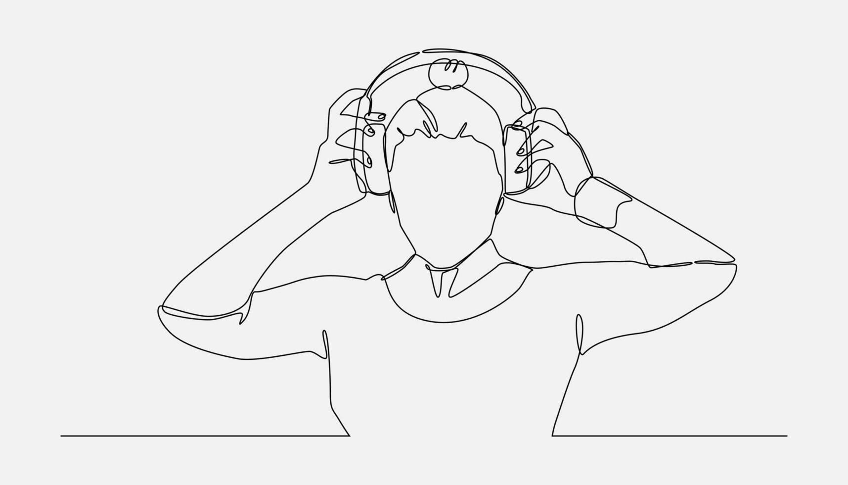girl listening to music. girl wearing headphones in continuous one line drawing style. editable stroke. isolated on white background. graphic illustration. vector