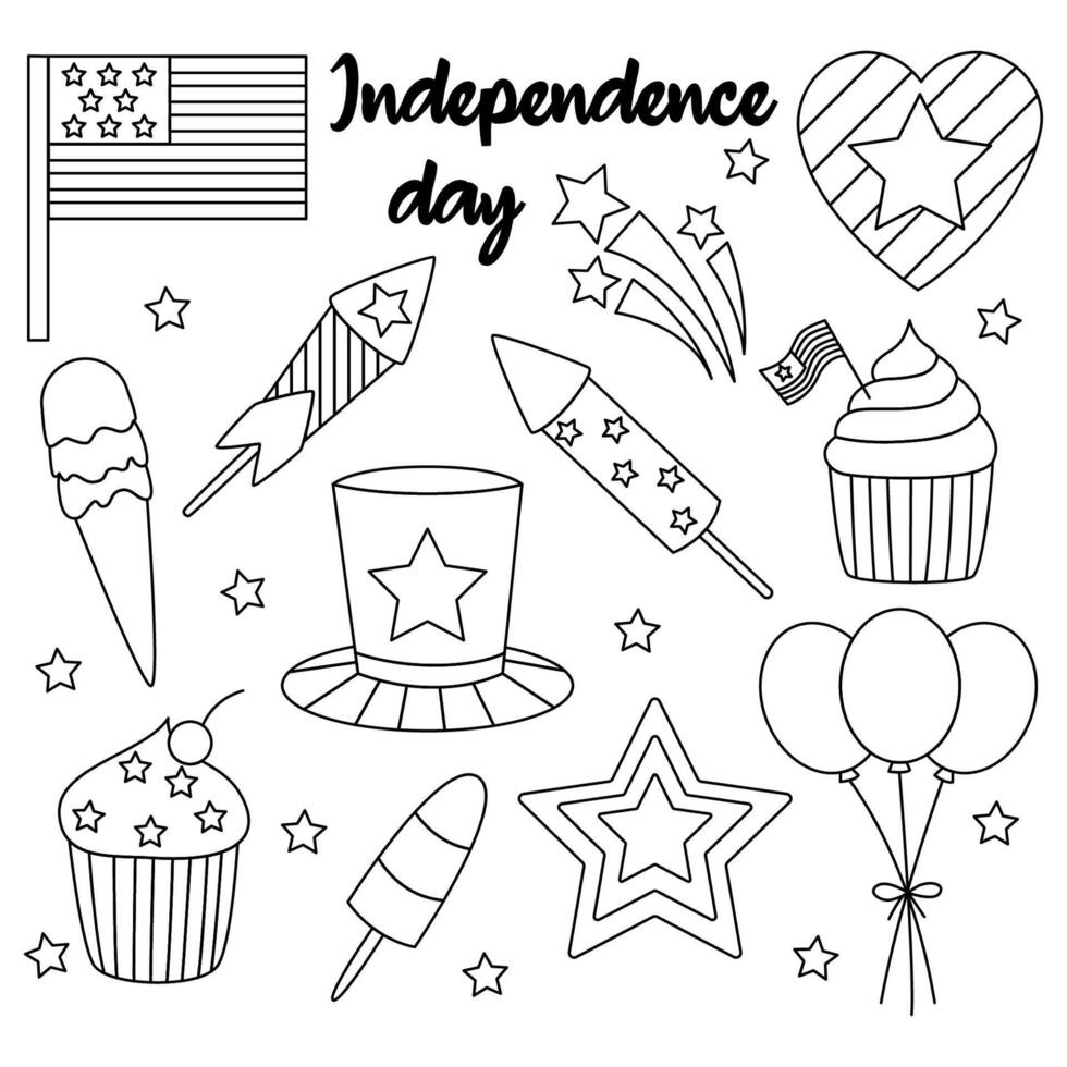American Independence Day line set. Outline US flag, star, cupcakes, fireworks, ice cream and heart collection. 4th july celebration. vector