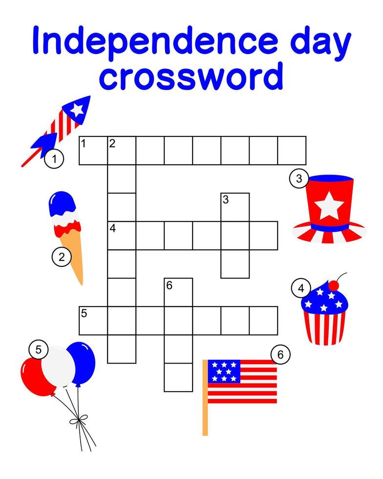 Crossword puzzle game of 4th of July USA Independence Day. Printable worksheet with solution for school and preschool. vector