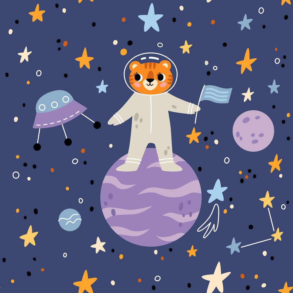 Seamless childish pattern with tiger, planets, rockets and stars. Creative kids texture for fabric, wrapping, textile, wallpaper, apparel. vector