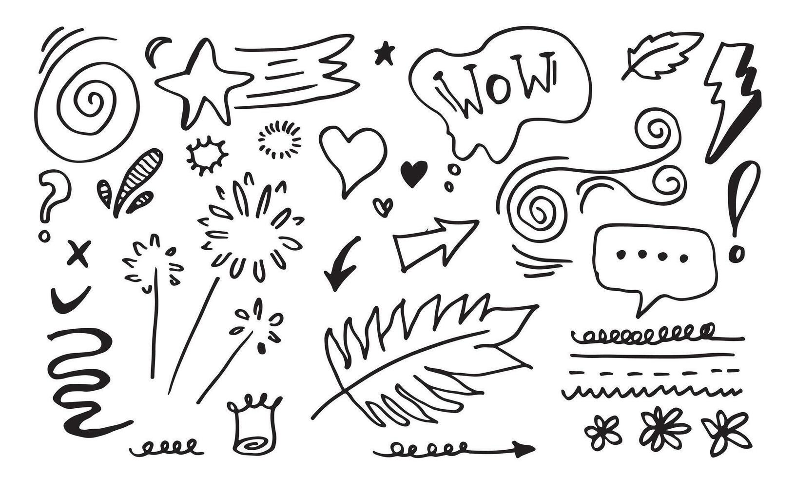 Hand drawn set elements, black on white background. Arrow, heart, love, star, leaf, sun, light, flower, crown, king, queen,Swishes, swoops, emphasis ,swirl, heart, for concept design. vector