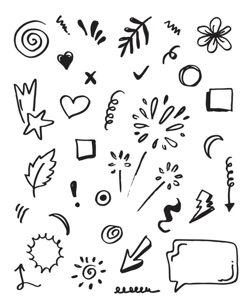 Hand drawn set elements, black on white background. Arrow, heart, love, star, leaf, sun, light, flower, crown, king, queen,Swishes, swoops, emphasis ,swirl, heart, for concept design. vector