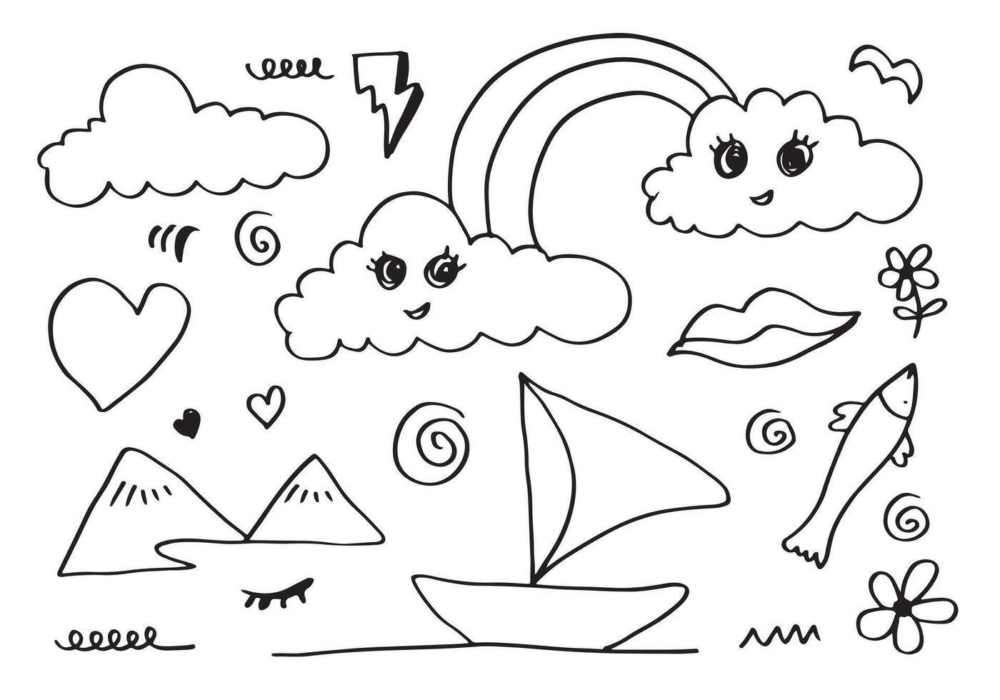 hand-drawn cute doodle set on white background. doodle design elements.doodle kids for decoration and coloring page. vector