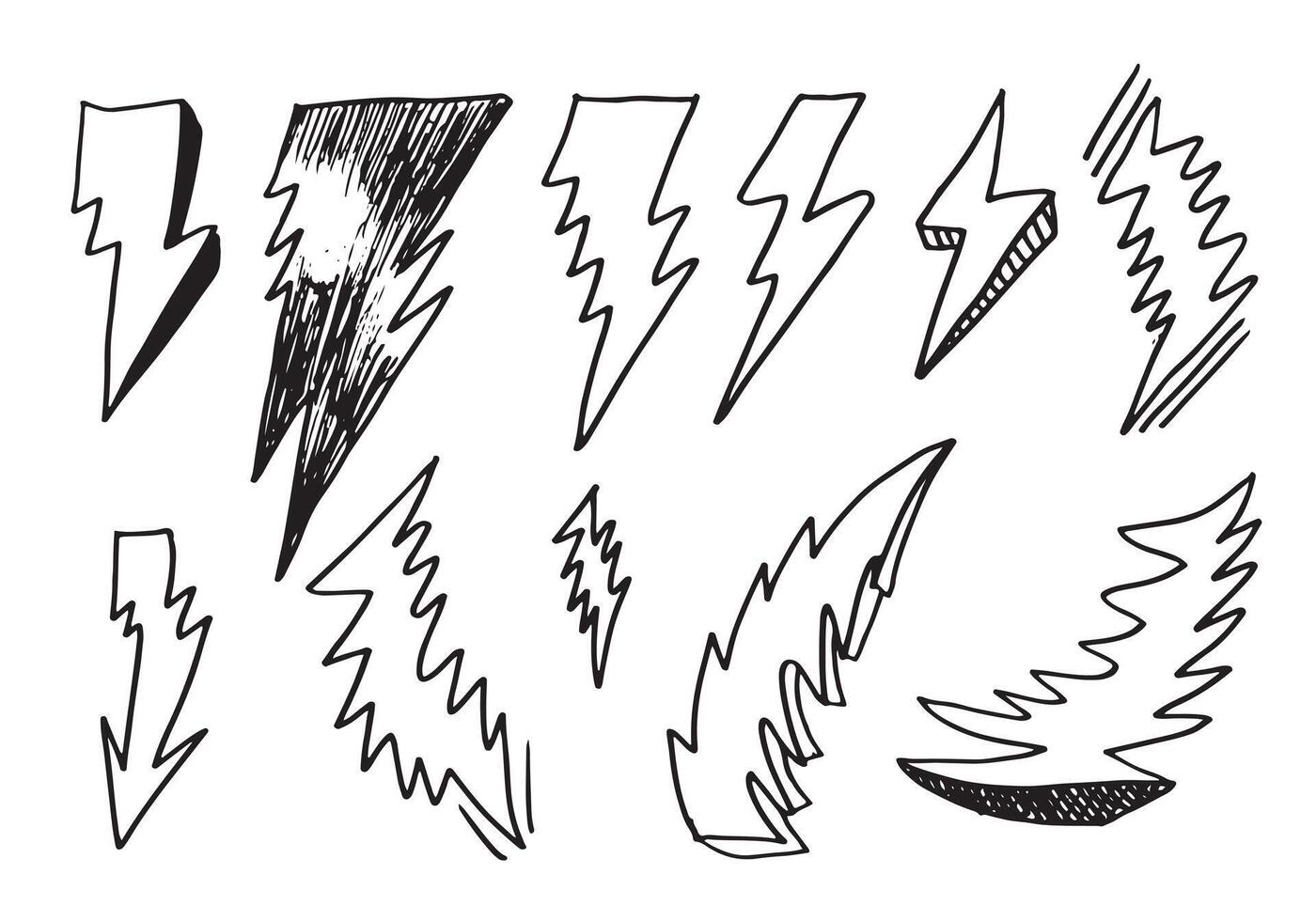 set of hand drawn doodle electric lightning bolt symbol sketch illustrations. thunder symbol doodle icon. vector