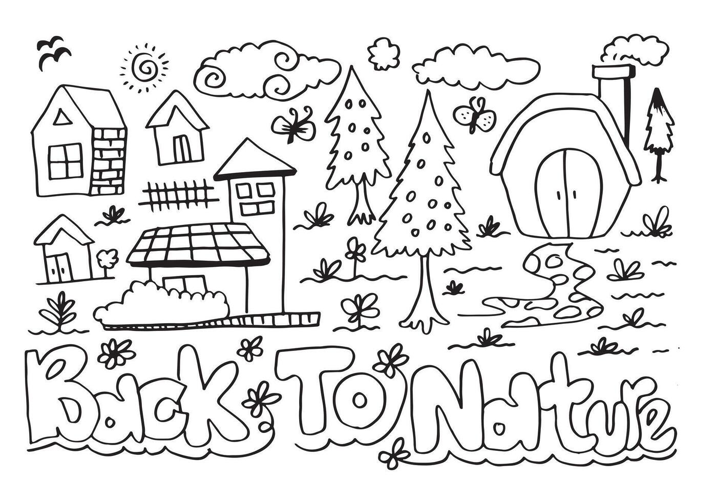 Back to nature hand lettering.Concept background with hand drawn house, birds, leaves, clouds, grass and other elements for banner. vector