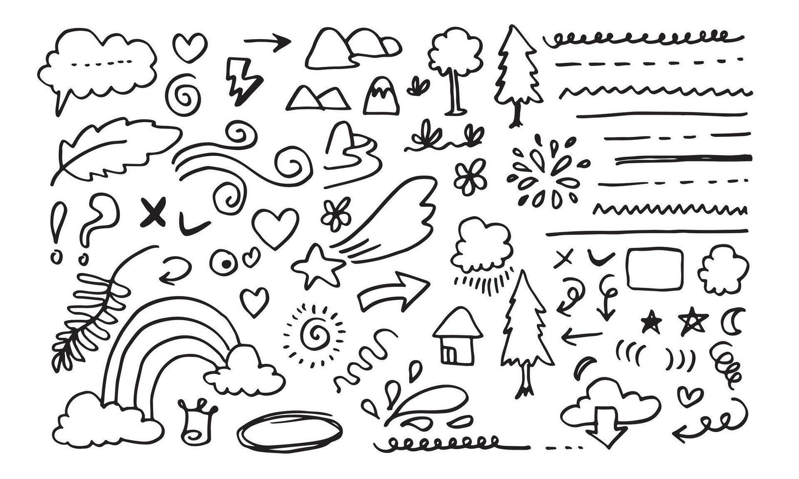 Hand drawn doodle design elements, black on white background. wind, swoops, emphasis, Arrow, crown, line, hill. doodle sketch design elements vector