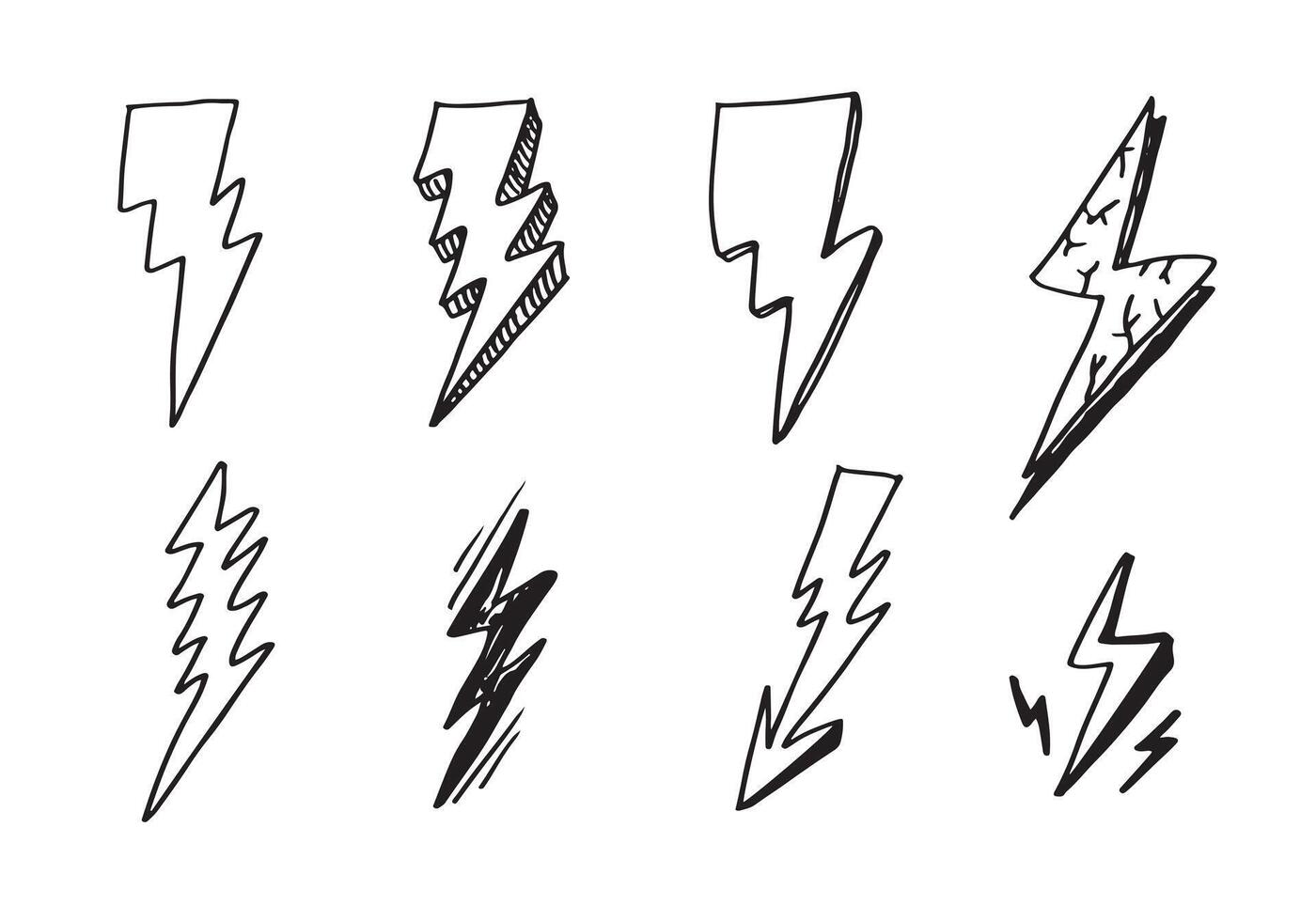 set of hand drawn doodle electric lightning bolt symbol sketch illustrations. thunder symbol doodle icon. vector