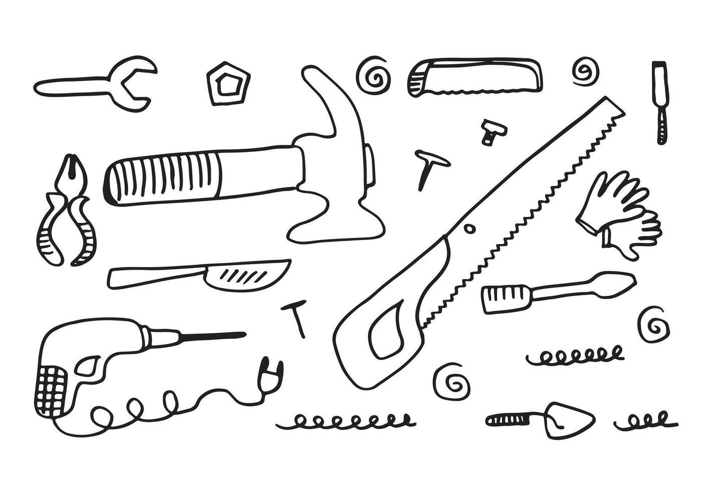 Working construction tools doodles collection on white background, vector