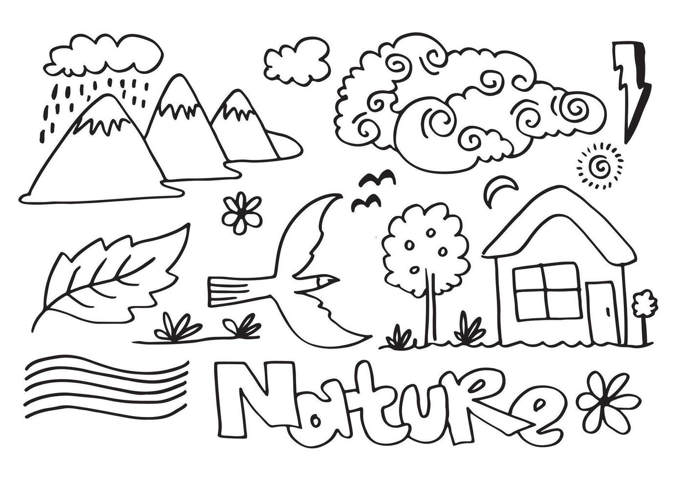 nature typography with hand drawn hills, birds, leaves, clouds, water and other elements. Web banner for other elements of nature. vector
