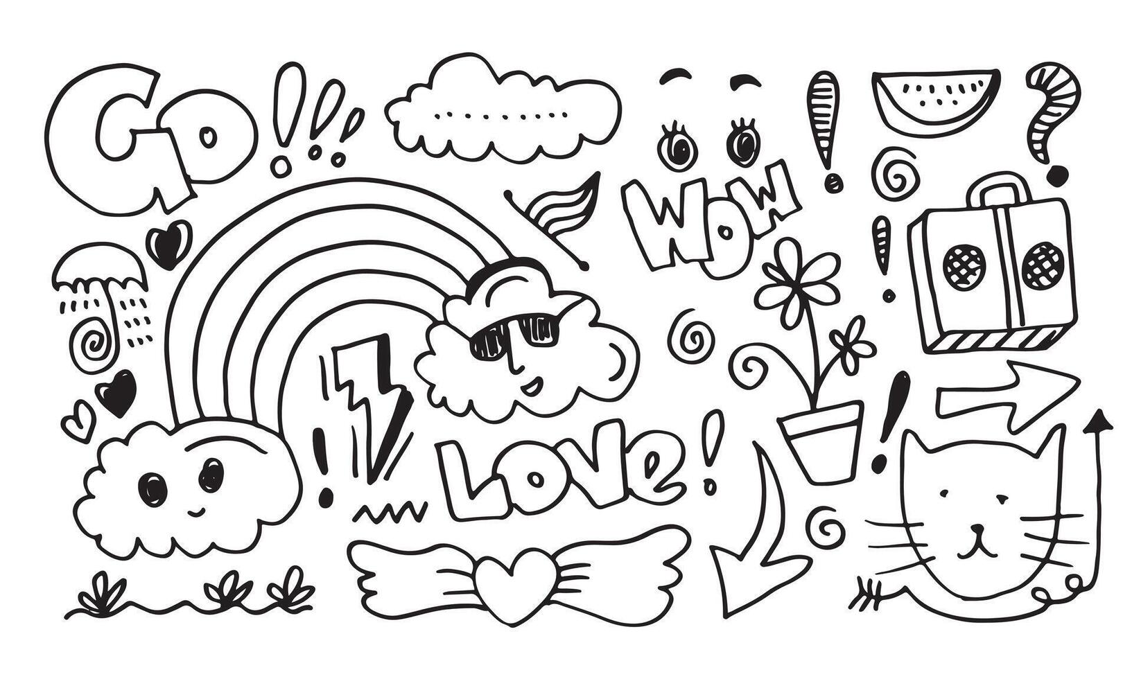 hand-drawn cute doodle set on white background. doodle design elements.doodle kids for decoration and coloring page. vector