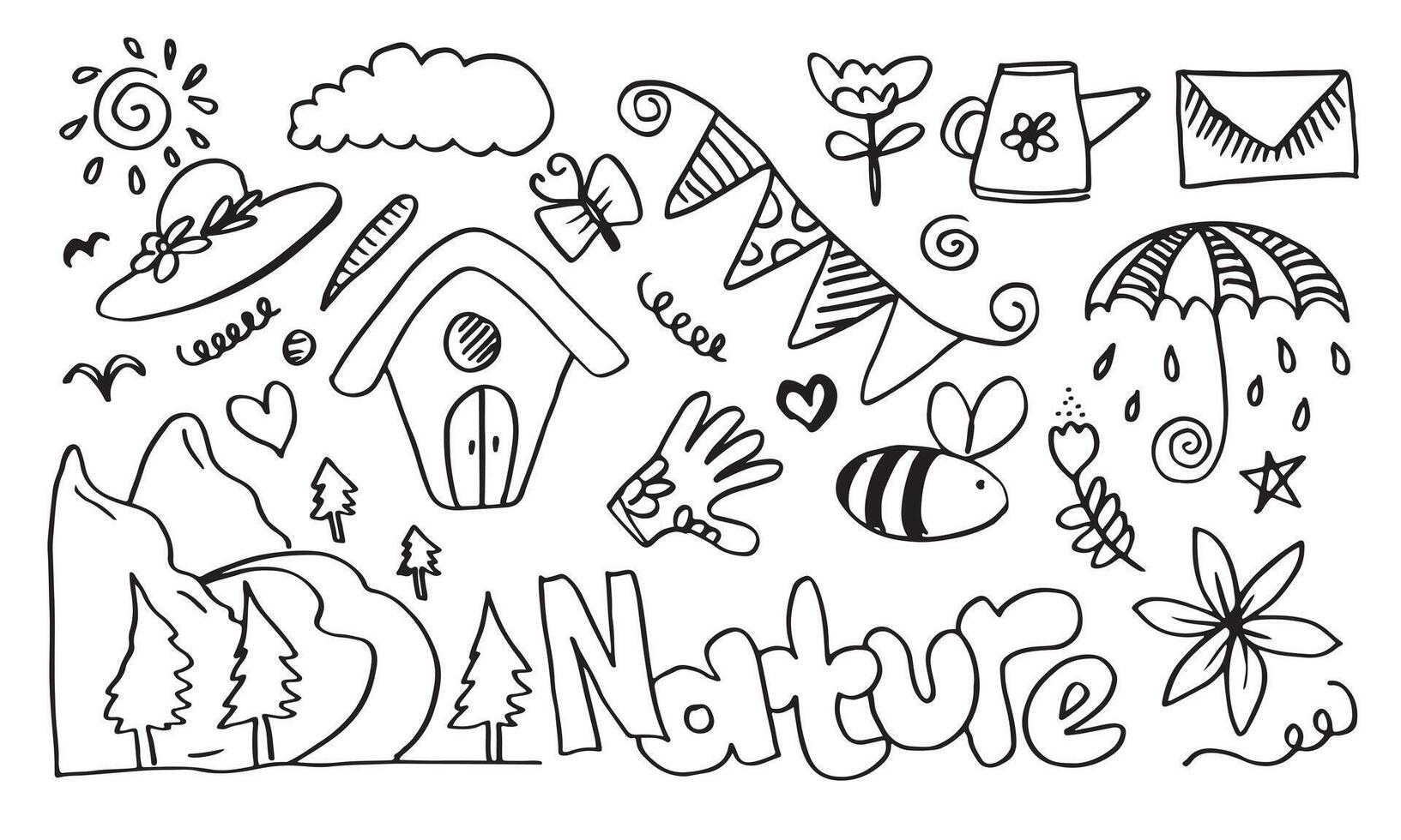 Creative art doodles hand drawn Design illustration with text Nature with hand drawn hills, birds, leaves, clouds, water and other elements. Web banner for other elements of nature. vector