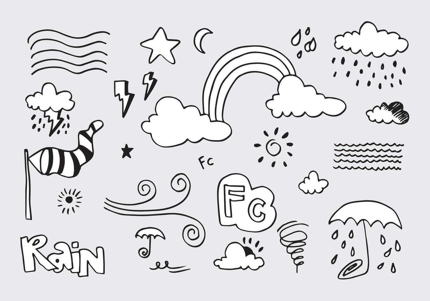 Weather Doodle Set illustration with hand drawn line art style vector