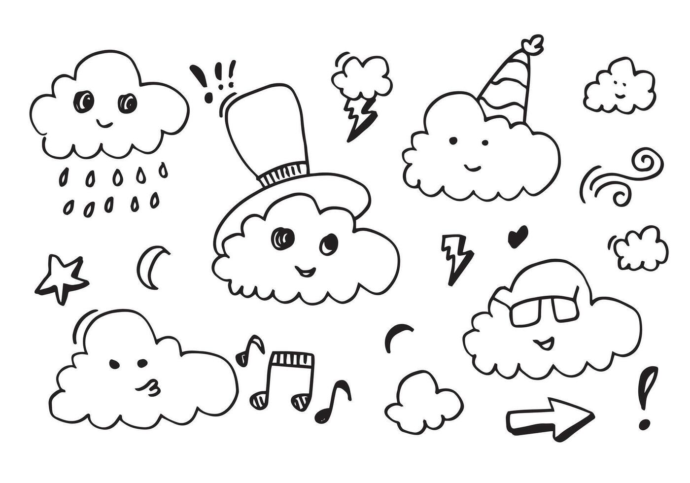 mano dibujado kawaii nubes garabatear dibujos animados diseños para fondo de pantalla, pegatinas, colorante libros, patas, emblemas aislado en blanco antecedentes. vector