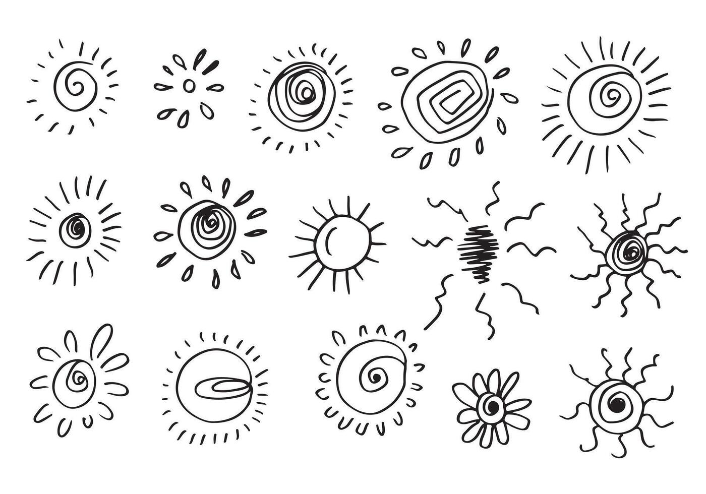 Funny doodle suns. Hand drawn set isolated on white background. vector