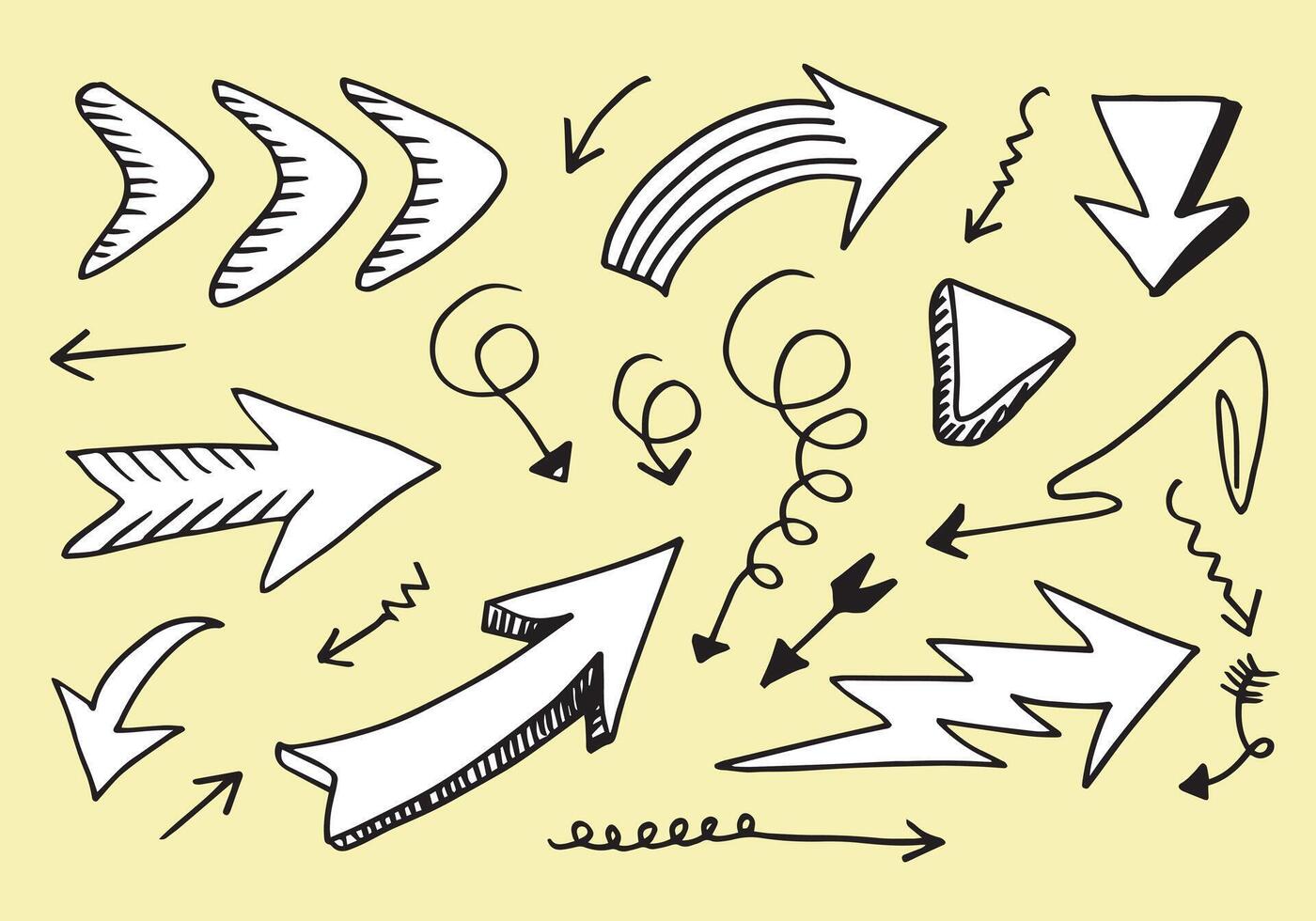 doodle design elements. hand drawn arrows isolated on yellow background. vector