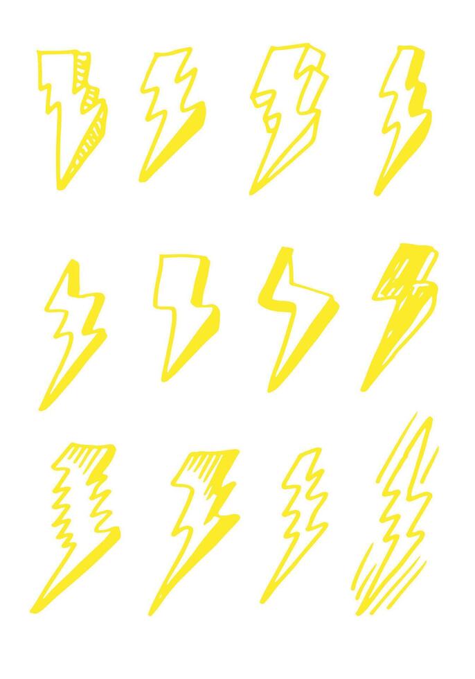 set of hand drawn doodle electric lightning bolt symbol sketch illustrations. thunder symbol doodle icon. vector