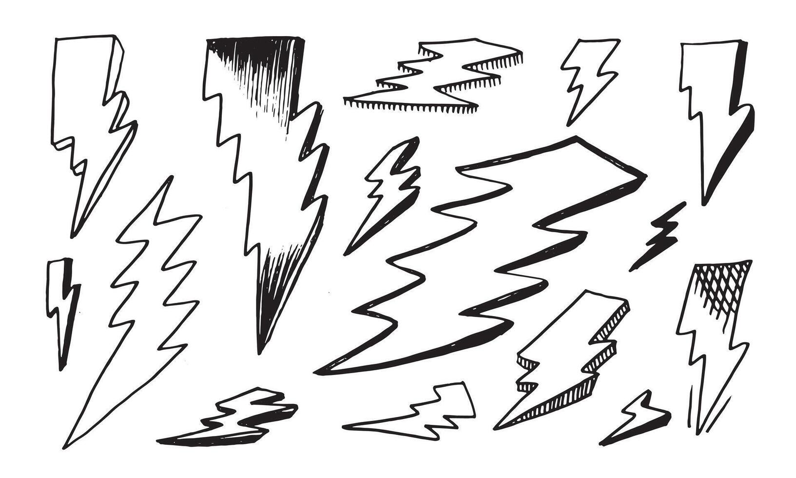 set of hand drawn doodle electric lightning bolt symbol sketch illustrations. thunder symbol doodle icon. vector