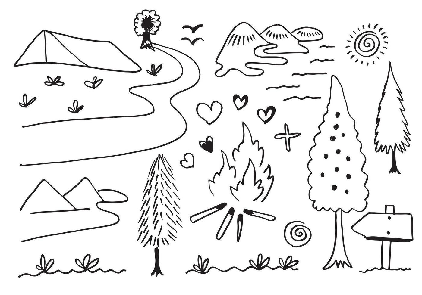 Hand drawn camping and hiking elements, isolated on white background.Camping Doodle Icons Sketch Hand Made. vector