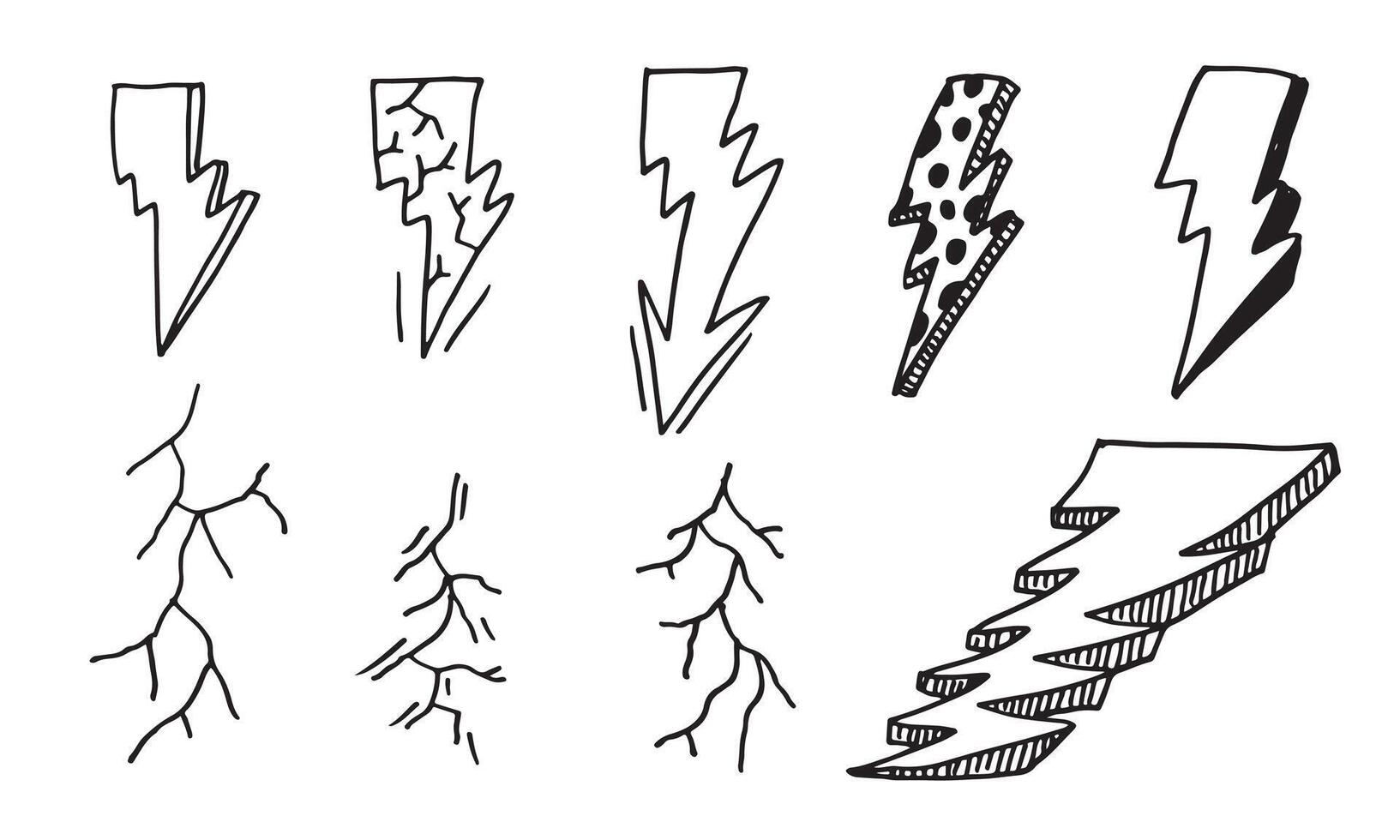 set of hand drawn doodle electric lightning bolt symbol sketch illustrations. thunder symbol doodle icon. vector