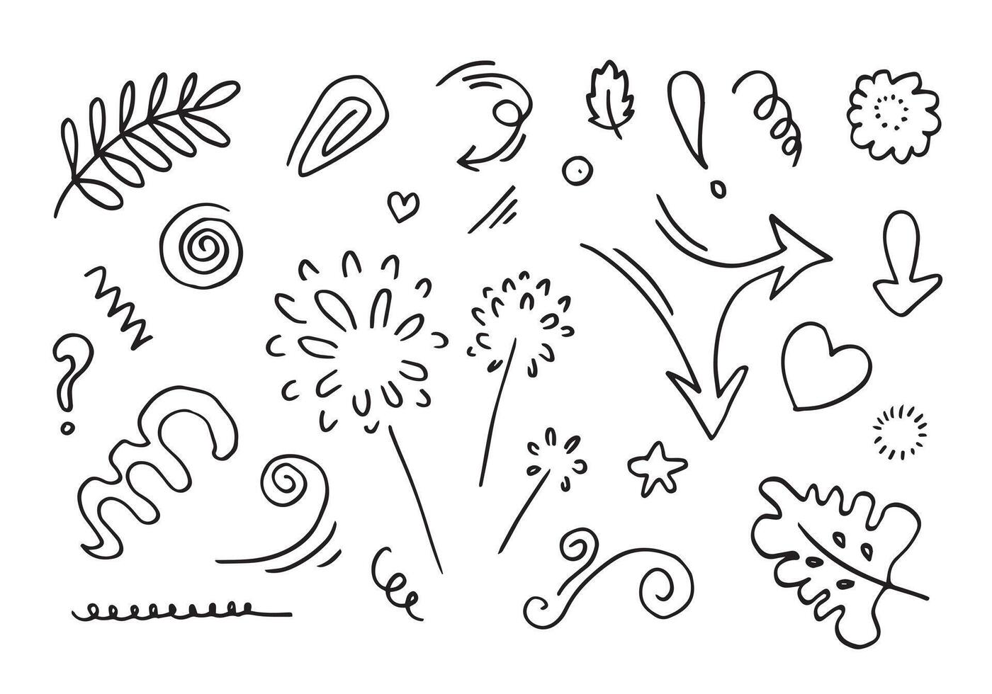 leaves, hearts, abstract, ribbons, arrows and other elements in hand drawn styles for concept designs. Doodle illustration. template for decoration vector