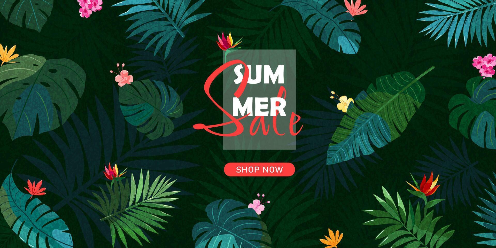 Poster with tropical plants, summer sale vector