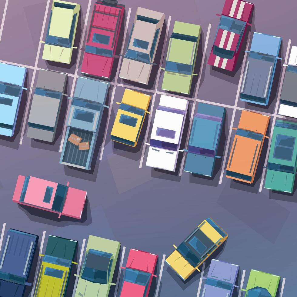 big parking area full of various vehicles vector