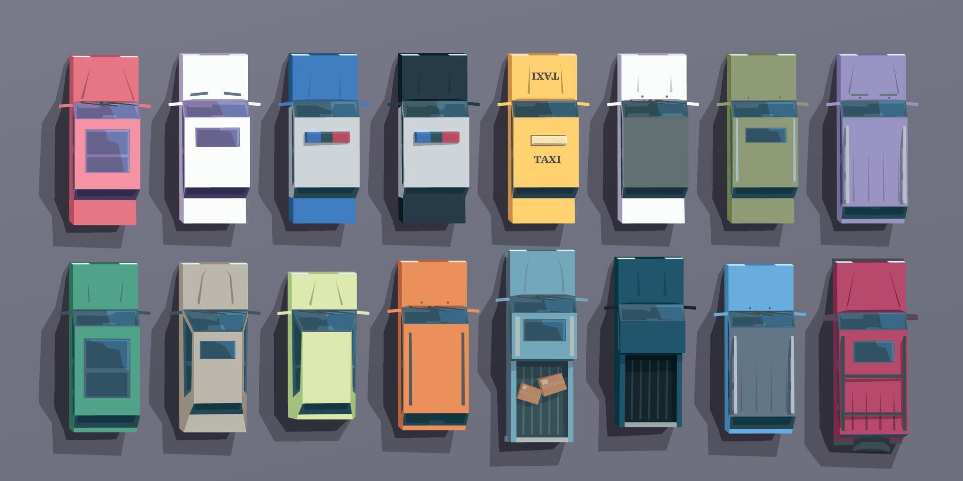 various cartoon cars in set top view vector