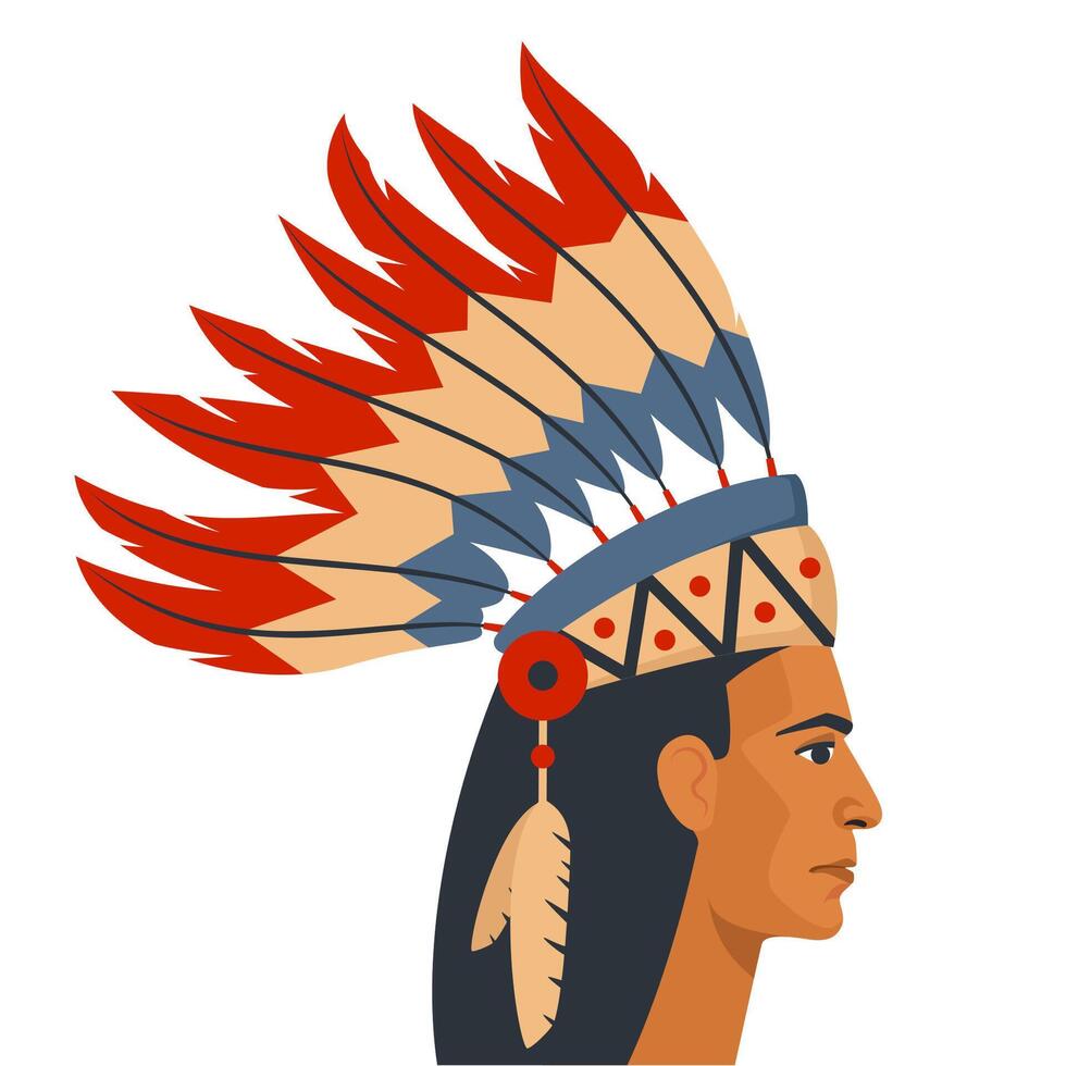 Native american indian man with feathers in profile, illustration for wall art print poster. vector