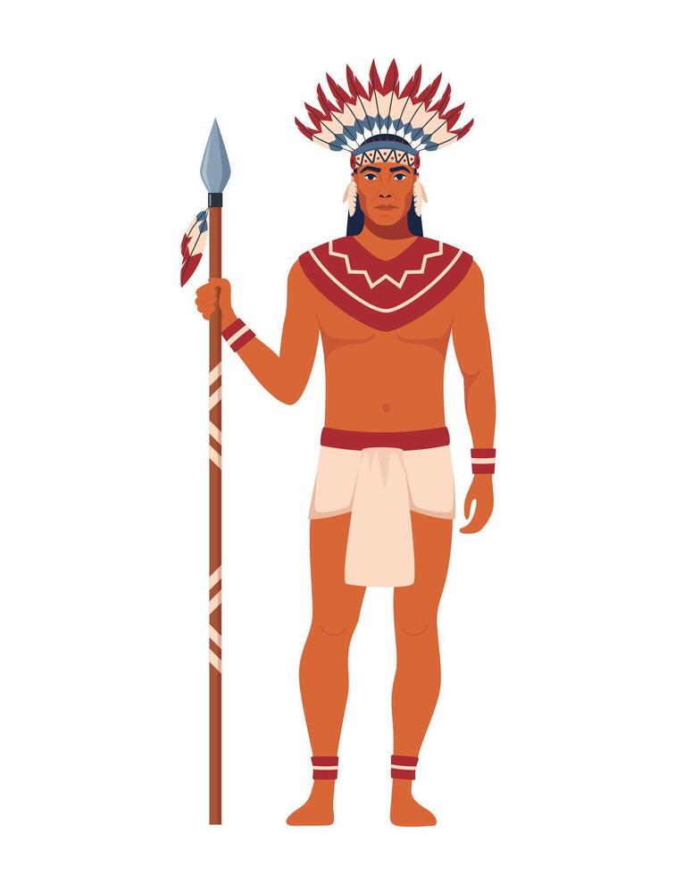 nativo americano indio en tradicional indio ropa con un lanza. vector