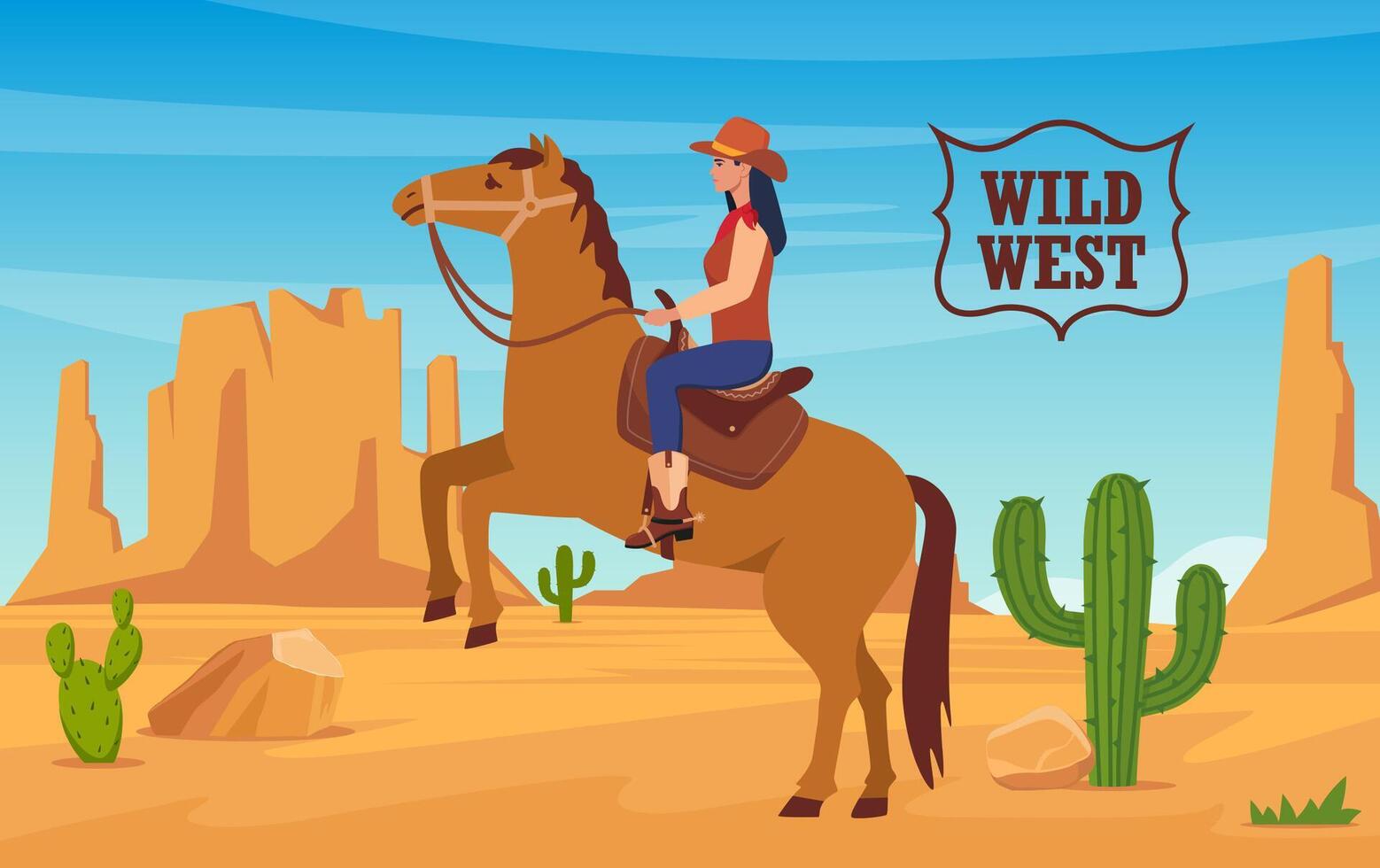 Desert landscape with woman cowboy on horse, mountains, cactuses. Wild West Texas in flat style. Western scene. Wild West Arizona. vector